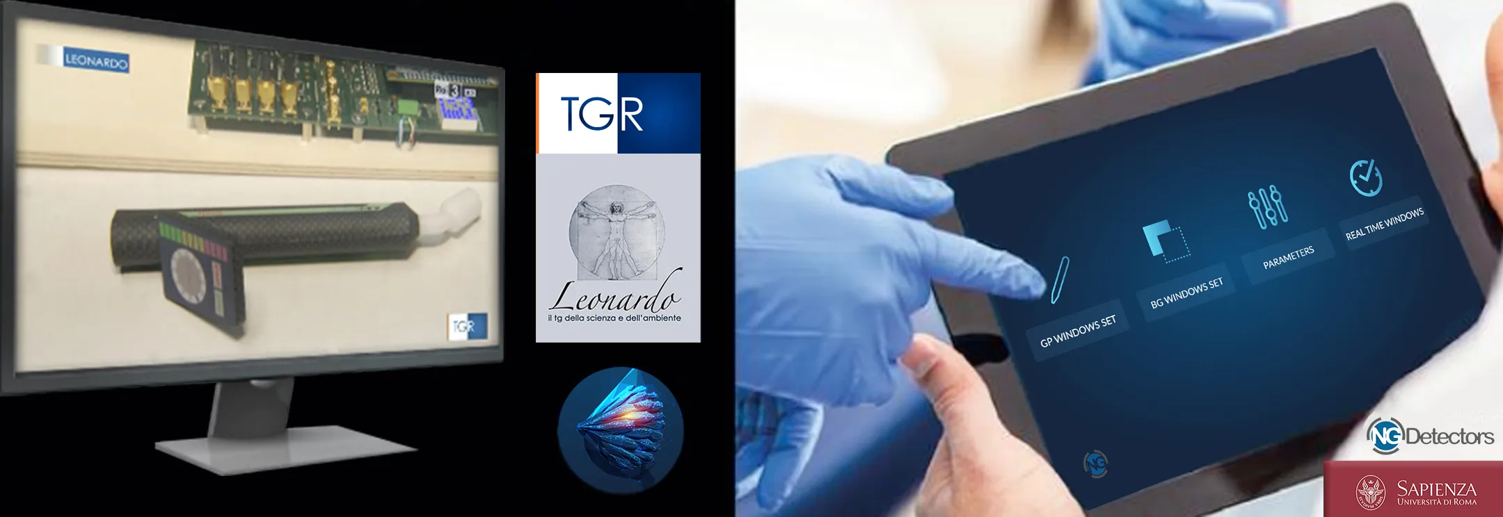 Un monitor desktop che mostra un mockup hardware tecnico e uno schermo di tablet digitale con un'interfaccia utente medica operata da mani con guanti chirurgici blu. Questo visual presenta GONIO PROBE – Interfaccia Clinica & Sistema di Usabilità, un dispositivo scintigrafico di nuova generazione sviluppato per ambienti chirurgici. Il progetto mette in evidenza art direction, strategia visiva, UX design e UI design di Elena Lazzara per i settori healthcare e IA & tech, ottimizzando flussi di lavoro clinici complessi in un'esperienza utente intuitiva focalizzata su chiarezza, usabilità ed efficienza operativa.