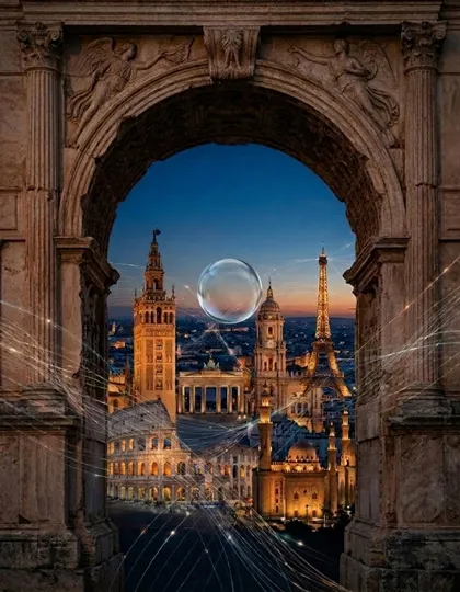 Elena Lazzara composizione architettonica surreale che connette landmark culturali internazionali attraverso una sfera trasparente