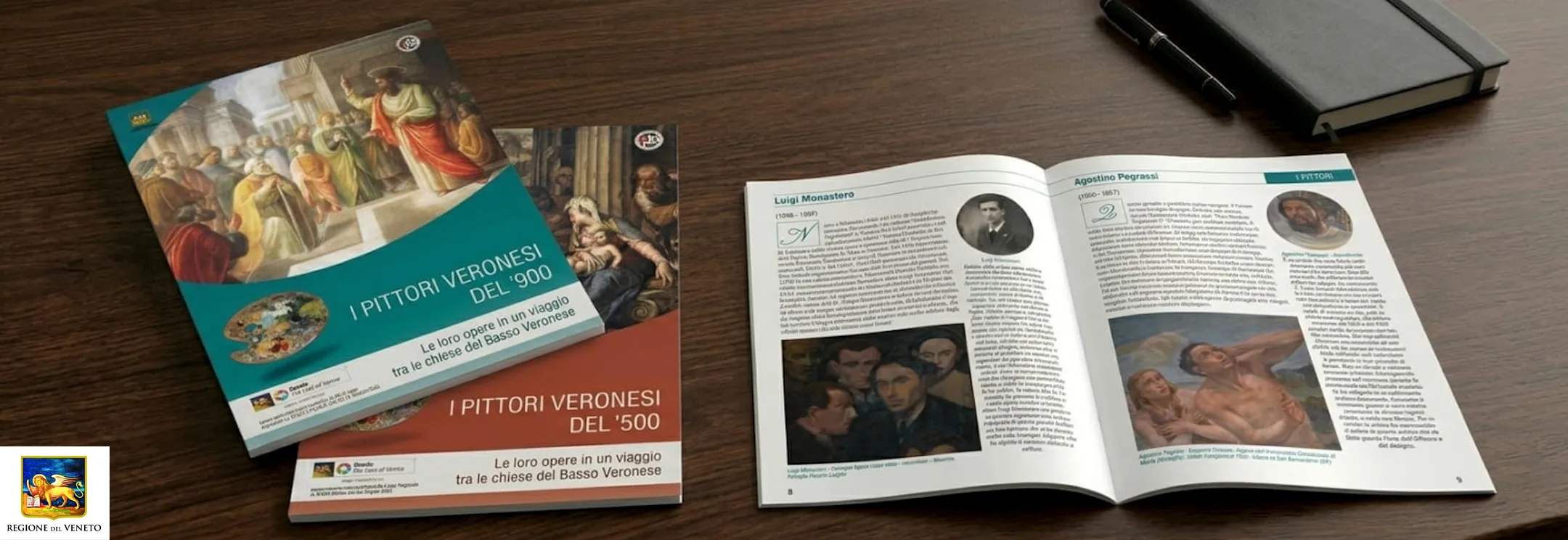 Mockup di impaginazione editoriale per "I pittori veronesi - Guide editoriali sul patrimonio culturale" esposti su una scrivania in legno scuro con opuscoli stampati e una guida aperta che mostra layout di testo e opere d'arte storiche. Questa serie di guide istituzionali utilizza lo storytelling visivo per trasformare la ricerca culturale in esperienze accessibili che mettono in risalto il patrimonio artistico di Verona e i suoi pittori storici attraverso chiese, monumenti e collezioni locali. Progettato da Elena Lazzara, il progetto comprende direzione artistica, impaginazione editoriale e design visivo per i settori dell'arte, della cultura, del turismo e delle istituzioni.