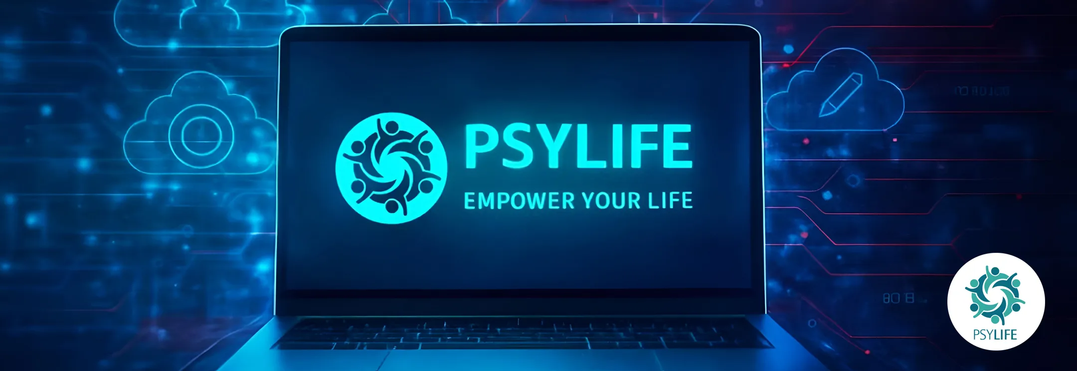Una presentazione di progetto con la learning experience e il brand ecosystem di Psylife Academy di Elena Lazzara, incluso un mockup di laptop con il logo PSYLIFE e il claim "EMPOWER YOUR LIFE" su uno sfondo digitale luminoso con dati. Il lavoro comprende architettura dei contenuti educativi, strategie di comunicazione supportate dall'IA e sistemi di identità visiva per la formazione professionale in psicoterapia. I ruoli svolti da Elena Lazzara includono Direzione Creativa, Art Direction, Strategia Visiva, UX Design, Visual Design, Branding, Strategia IA e Consulenza nei settori Salute, Benessere e Cultura.