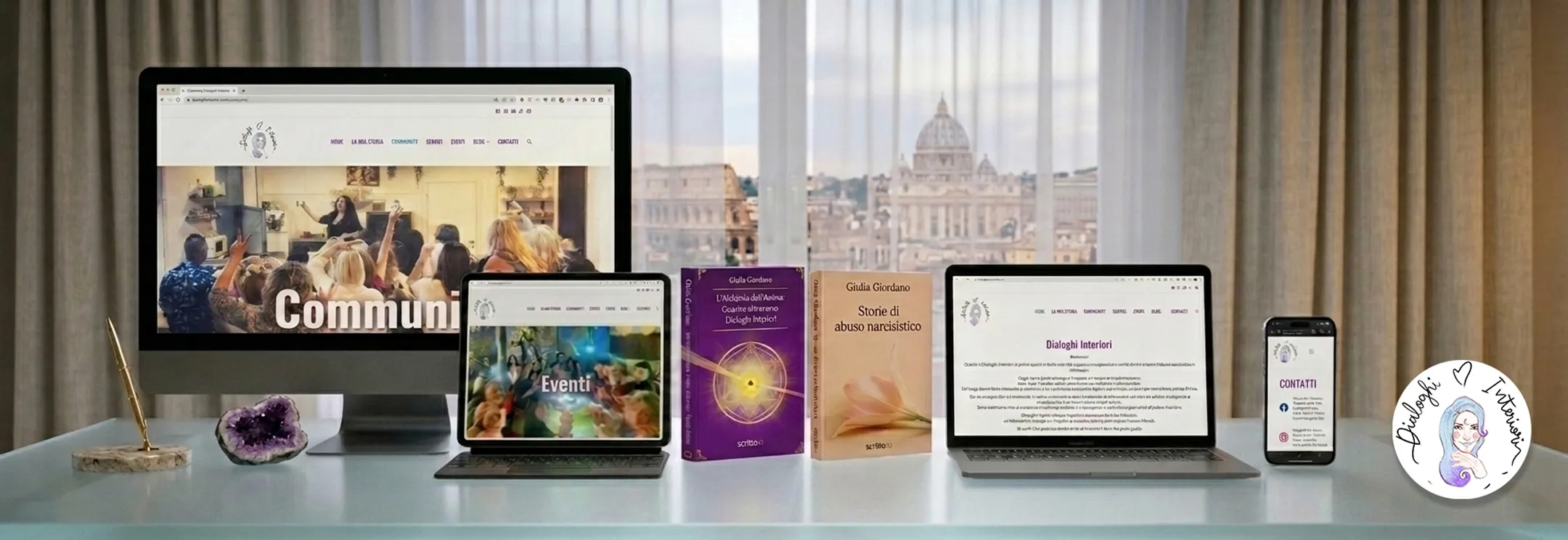 Ecosistema di comunicazione digitale progettato da Elena Lazzara per Dialoghi Interiori, prima comunità italiana dedicata alla sensibilizzazione sull'abuso narcisistico. Siti web, pubblicazioni, risorse educative, organizzazione dei contenuti con intelligenza artificiale e comunicazione visiva favoriscono informazione, consapevolezza e crescita personale.