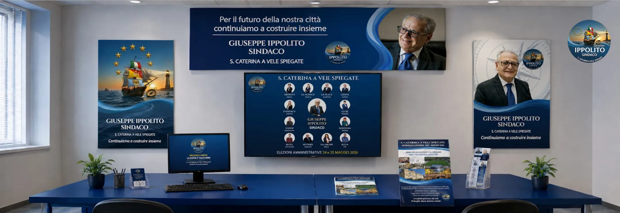 Sistema di comunicazione politica progettato da Elena Lazzara per Giuseppe Ippolito. L'immagine presenta un ecosistema strategico sviluppato per due campagne elettorali, integrando branding politico, identità visiva, design editoriale, strategia supportata dall'intelligenza artificiale, comunicazione social e strumenti di coinvolgimento pubblico.