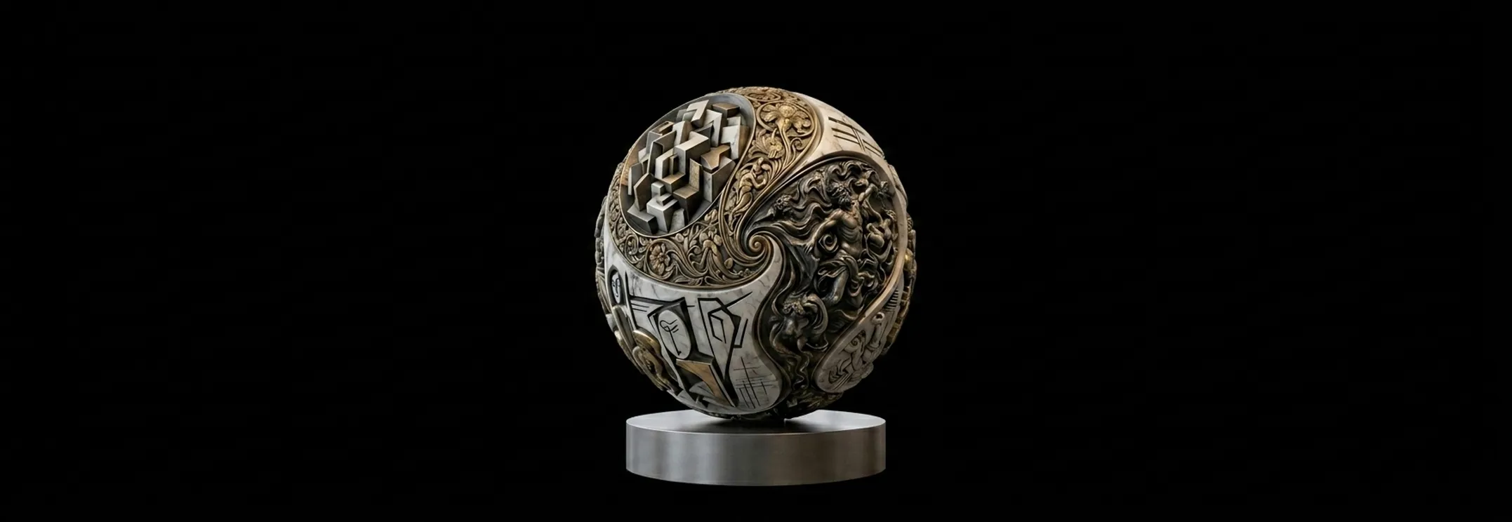 Scultura in metallo La Sfera delle Arti, con bassorilievi che intrecciano cubismo, surrealismo e futurismo.