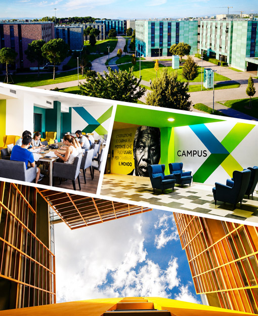 Composition featuring the exterior of the Campus X buildings, the indoor lounge area with students working at shared tables, a wall decorated with the X logo and a photographic mural, and a low-angle architectural shot of the wood-and-glass façade against the sky. Elena Lazzara applied Campus X's coordinated identity system to the interior spaces and signage of the common areas, reinforcing visual consistency between architecture and brand.