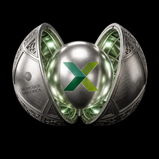 Brushed metal spherical structure featuring intricate engravings, shell-opened against a black background. Enclosed within is a chrome-plated, reflective metal sphere bearing the green X-shaped logo of Campus X. The outer shell carries the engraved inscription "SPHERICAL METHOD", the design methodology created by Elena Lazzara and applied to visual strategy, branding, and the communication ecosystem for the Ho.Re.Ca. and hospitality sectors.