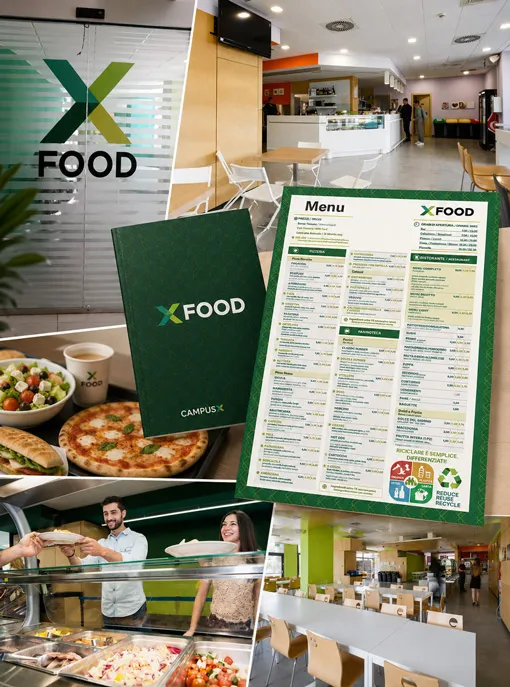 Entrance and counter of the X Food restaurant with a wall-mounted sign, a green menu folder featuring the "X Food" logo, printed menu pages listing the dishes, and a tray with pizza, salad, and takeaway coffee. Elena Lazzara created the X Food brand from scratch for Campus X in Rome, designing menus, signage, and graphics for the food venue in continuity with the campus's coordinated identity.