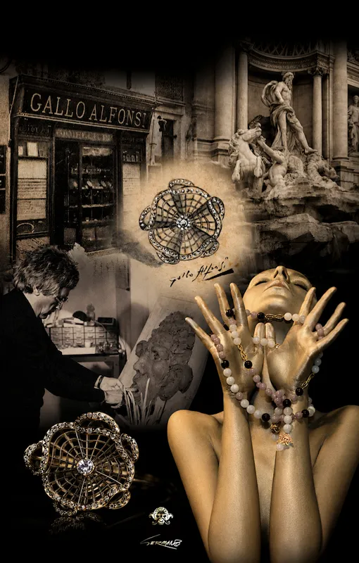 Art direction and project management by Elena Lazzara for Germano Gioielli — a heritage storytelling composition featuring Gallo Alfonsi's historic goldsmith workshop, the Trevi Fountain (Rome), Germano Alfonsi at work on the bas-relief that inspired the maison's logo, alongside a fine jewelry collection, a goldsmithing collection, and a model holding a necklace from the collection.
