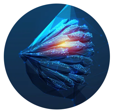 Illustration numérique stylisée d'un sein représenté par des formes bleues rayonnantes en pétales autour d'un noyau rouge lumineux, symbolisant la détection goniométrique des ganglions sentinelles et des lésions dans le diagnostic du cancer du sein ; l'œuvre reflète la recherche sur la palette chromatique et la lisibilité menée par Elena Lazzara pour réduire le temps d'intervention et améliorer le confort de la patiente pendant la procédure clinique.