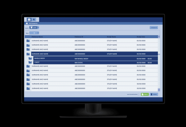 Schermata dell'interfaccia software con elenco di pazienti, esami diagnostici e dati clinici organizzati in tabelle. Elena Lazzara sviluppa un sistema UX/UI che migliora la consultazione delle informazioni mediche, semplificando la gestione dei flussi di lavoro nella diagnostica per immagini.
