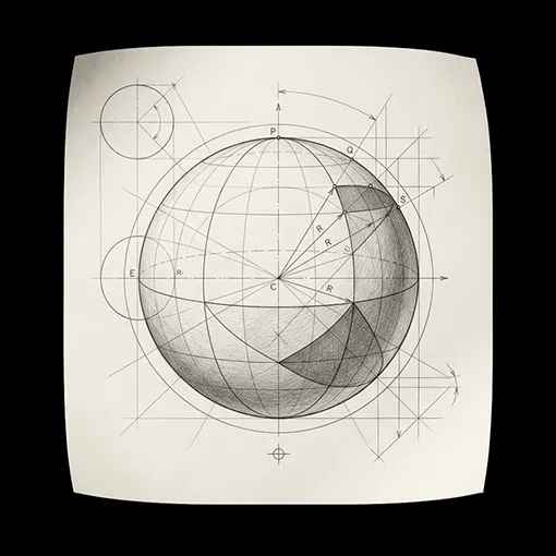 Un disegno tecnico su carta di una sfera con linee di costruzione, assi cartesiani, archi geometrici e annotazioni. L'illustrazione rappresenta la fase di progettazione del Metodo Sferico di Elena Lazzara, in cui l'essenza riconosciuta viene tradotta tangibilmente in visual identity, strategia digitale e design d'eccellenza.