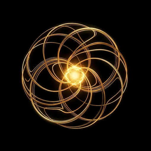 Una sfera fluida e dinamica formata da eleganti orbite e spirali dorate con un nucleo di luce centrale su sfondo nero. L'opera visiva esprime l'architettura dell'ecosistema progettuale all'interno dello Spherical Method ideato da Elena Lazzara per integrare diverse prospettive creative e strategiche.