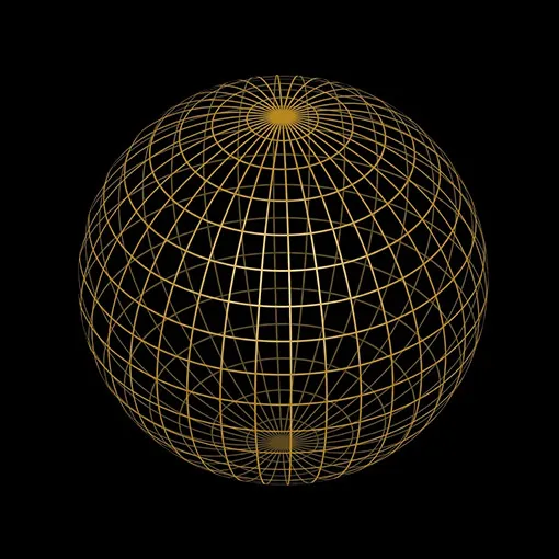 Una sfera tridimensionale stilizzata formata da un reticolo di meridiani e paralleli dorati su sfondo nero. La grafica illustra la visione sferica e globale del Metodo Sferico di Elena Lazzara, applicata a diversi settori progettuali e consultabile nel portfolio di design.