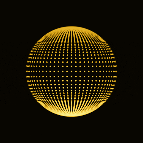 Una sfera tridimensionale composta da un reticolo di punti dorati luminosi disposti su sfondo nero. Questo modello visivo illustra la fase iniziale dello Spherical Method sviluppato da Elena Lazzara per il "Design of Essence", simboleggiando la visione d'insieme e la struttura fondamentale per comprendere la complessità.