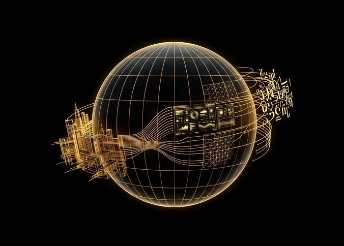 Grande sphère tridimensionnelle définie par des méridiens et des parallèles dorés, intégrée à des éléments numériques, des données et des structures visuelles se déployant depuis sa surface ; représentation de la vision sphérique d'Elena Lazzara, dans laquelle stratégie, identité, technologie, culture et expérience se rejoignent au sein d'un seul système de design.