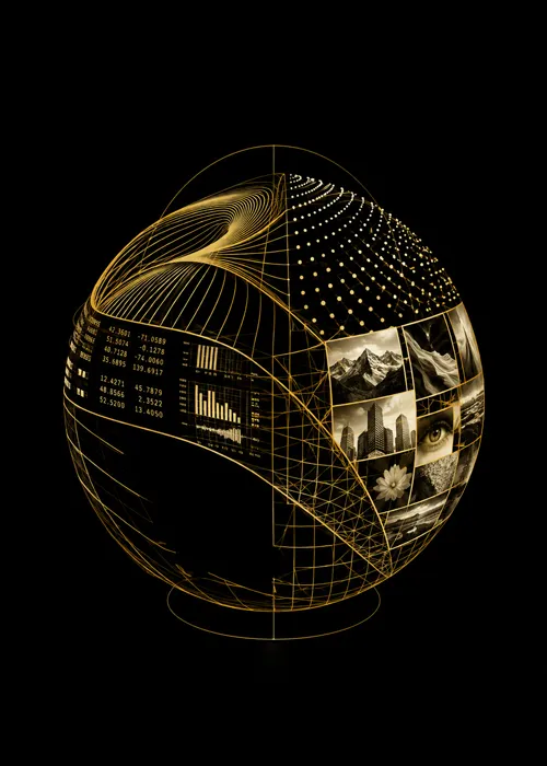 Grande sphère tridimensionnelle noire et dorée traversée par des lignes géométriques, des points lumineux, des photographies, des données et des structures graphiques interconnectées ; visualisation de la recherche d'Elena Lazzara et de la Méthode Sphérique en tant que méthodologie capable de relier disciplines, informations et perspectives différentes.
