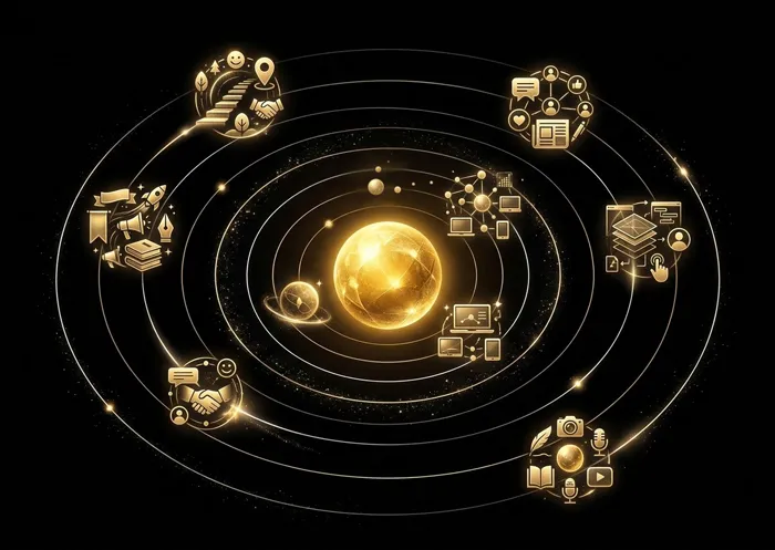 Système orbital avec une sphère dorée lumineuse au centre et divers éléments graphiques répartis le long d'orbites concentriques ; représentation de l'architecture stratégique d'Elena Lazzara, reliant identité, branding, communication, UX/UI et points de contact au sein d'un même écosystème de design.