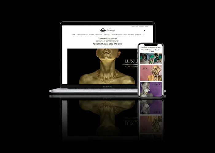 Maquette responsive d'un site web présentée sur ordinateur portable et smartphone, avec des interfaces numériques coordonnées et des images produit ; exemple de la direction artistique digitale et du design UX/UI d'Elena Lazzara, traduisant l'identité stratégique d'une marque en une expérience numérique cohérente et reconnaissable.
