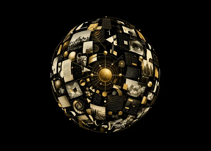 Sphère tridimensionnelle noire et dorée composée de photographies, textures, éléments graphiques et modules visuels organisés autour d'un centre lumineux ; représentation de l'approche d'Elena Lazzara en matière de direction artistique et de design stratégique, où des éléments différents s'intègrent dans un écosystème visuel cohérent.
