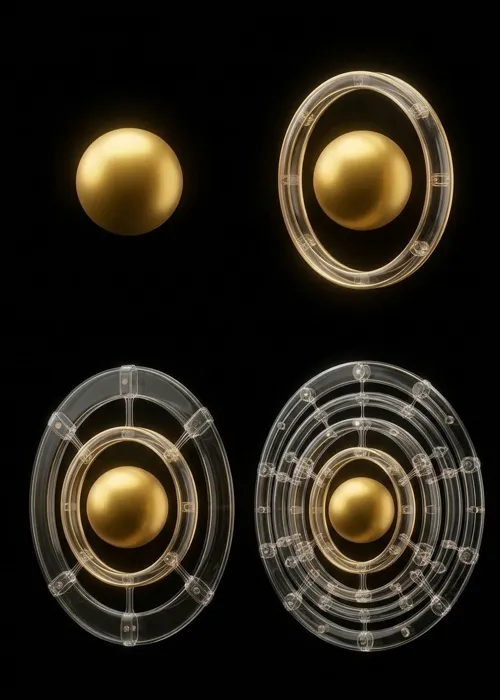 Série de structures circulaires concentriques avec une sphère dorée en leur centre, représentées à différents niveaux de complexité et de profondeur ; visualisation du principe d'évolution et de scalabilité de la Méthode Sphérique d'Elena Lazzara, dans laquelle un noyau stratégique stable génère des systèmes capables de s'adapter et de croître dans le temps.