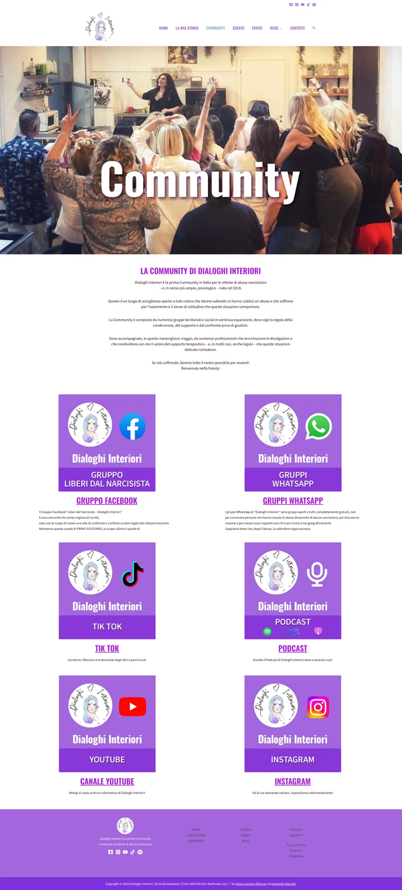 Page web dédiée à la communauté Dialoghi Interiori, avec la photographie d'une rencontre collective, le titre Communauté et une grille de vignettes violettes renvoyant vers les canaux sociaux. Elena Lazzara a conçu la communication multicanale en intégrant Facebook, Instagram, YouTube et TikTok dans un système visuel cohérent et reconnaissable.