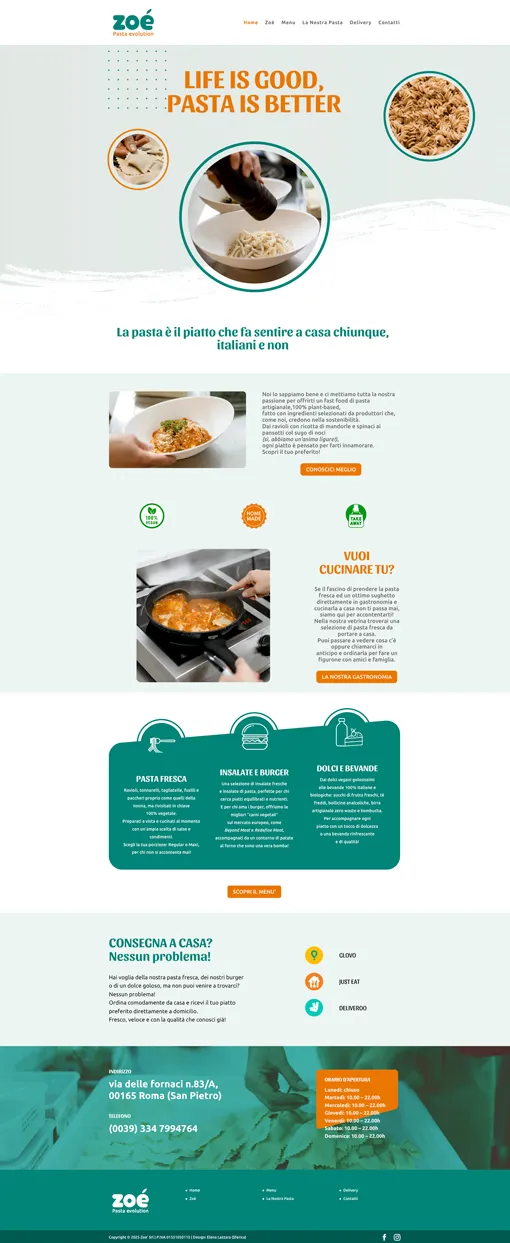 Mise en page verticale du site web ZOÉ avec des sections consacrées au concept alimentaire, des photographies de plats, des contenus éditoriaux, le menu en ligne et des informations sur le service. Elena Lazzara conçoit une expérience digitale en harmonie avec le branding de l'établissement, en organisant contenus et parcours de navigation pour faciliter la consultation de l'offre et l'accès aux services de food delivery.