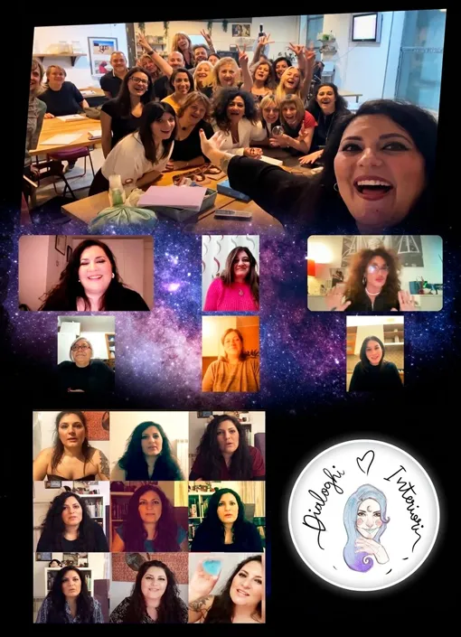 Collage de photographies de rencontres en présentiel et de visioconférences de la communauté Dialoghi Interiori, accompagné du logo circulaire illustré. Elena Lazzara a assuré la direction créative et la stratégie visuelle du projet afin de valoriser la communauté engagée dans la sensibilisation à l'abus narcissique et psychologique.