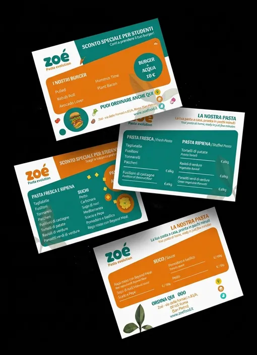 Ensemble de menus imprimés, flyers promotionnels et supports d'information ZOÉ à la charte graphique coordonnée vert et orange, avec logo et détails botaniques. Elena Lazzara développe un système de communication éditoriale pour le secteur food, en concevant des supports fonctionnels et cohérents avec l'identité visuelle de la marque plant-based.
