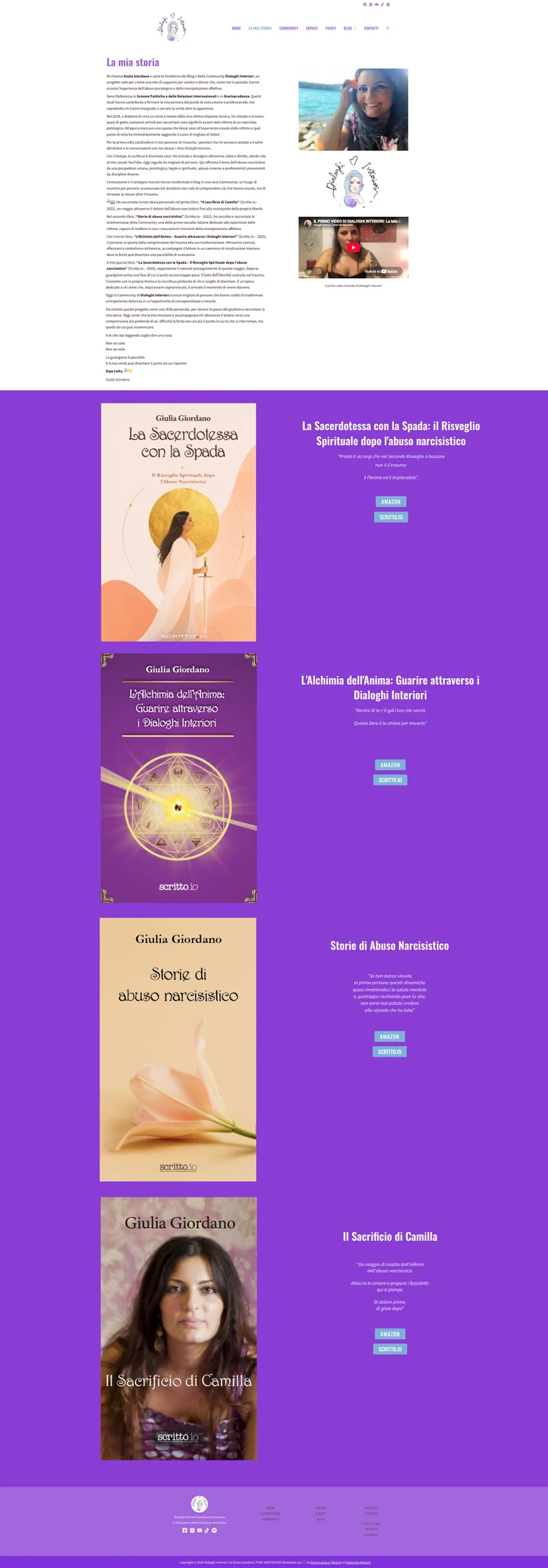 Mise en page de la page web de Dialoghi Interiori avec texte informatif, images, couvertures des livres de Giulia Giordano et sections consacrées aux publications, présentées sur fond violet. Elena Lazzara a conçu l'organisation des contenus éditoriaux et informatifs, en reliant blog, livres et ressources de vulgarisation au sein d'une structure numérique claire et facile à parcourir.