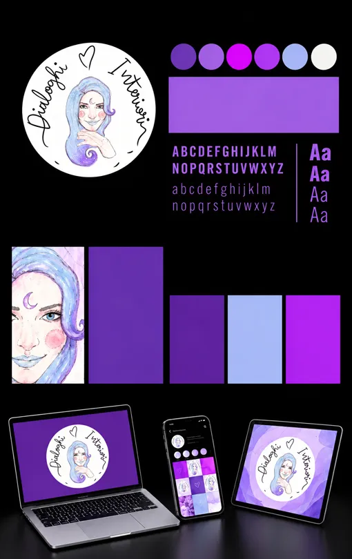 Planche d'identité visuelle de Dialoghi Interiori présentant le logo circulaire illustré, une palette chromatique violette et lilas, des échantillons typographiques, des déclinaisons graphiques et des maquettes sur ordinateur portable et smartphone. Elena Lazzara a développé un système visuel coordonné afin de garantir la reconnaissance et la continuité entre les plateformes numériques de la Communauté et ses supports de communication.